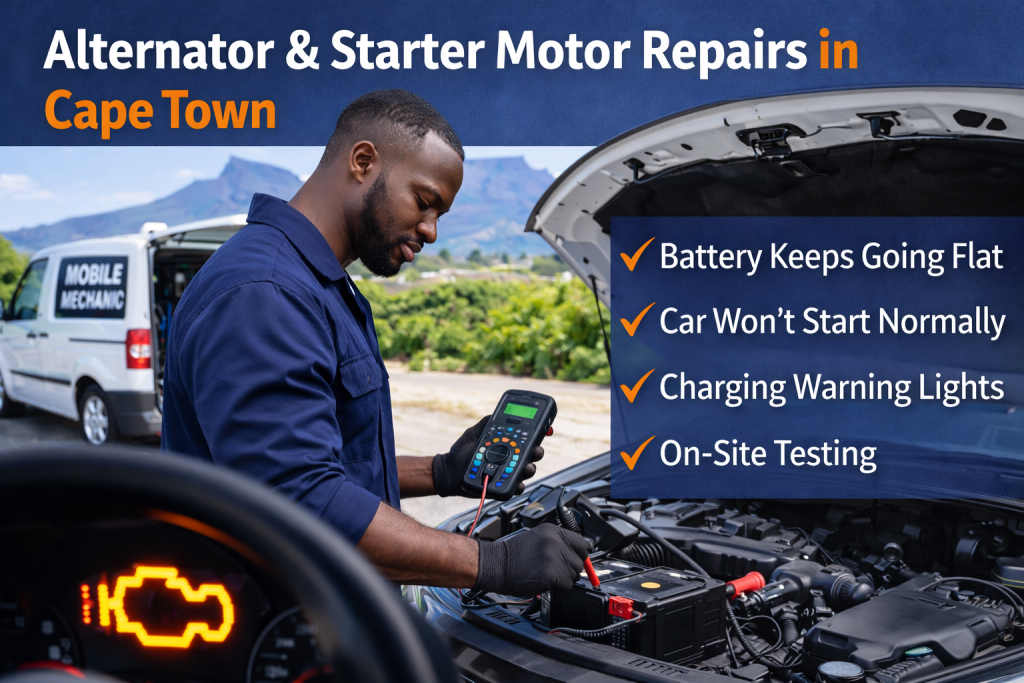 Alternator and starter motor repairs in Cape Town with mobile mechanic testing charging system