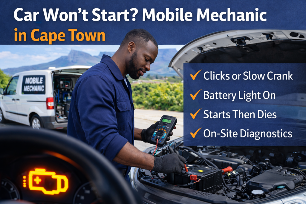 Car won’t start in Cape Town mobile mechanic testing battery and starting system
