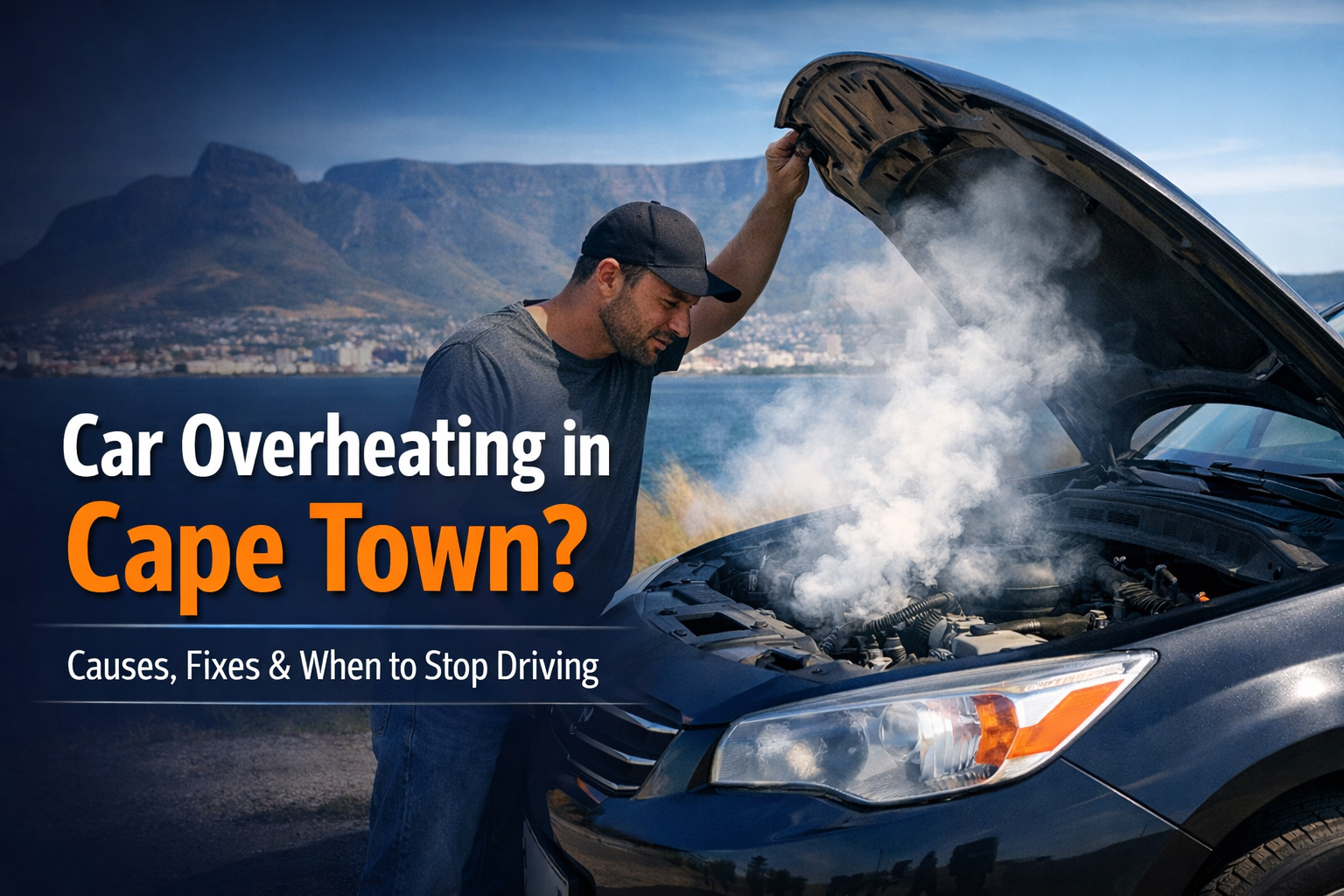 Car overheating in Cape Town with steam coming from engine and mobile mechanic inspecting