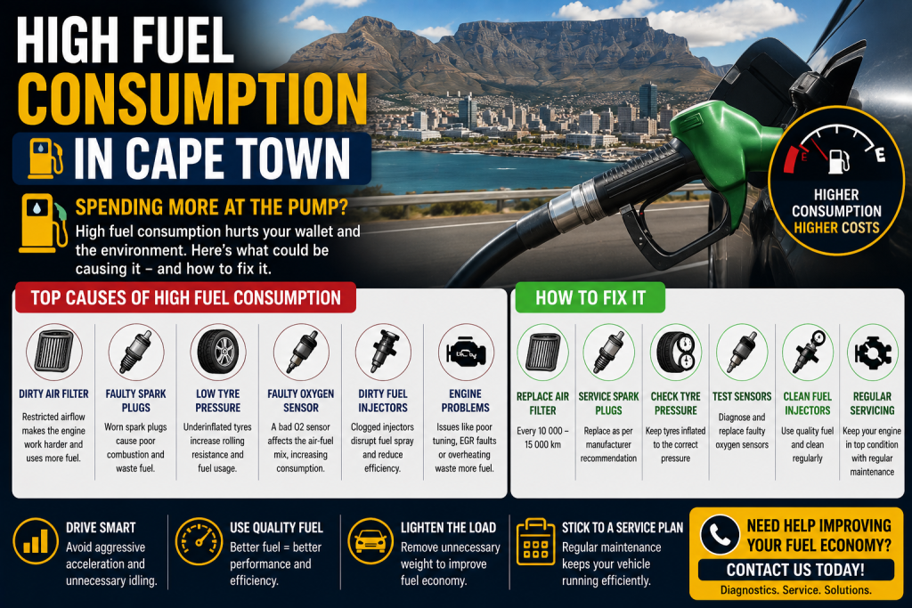 Mechanic diagnosing high fuel consumption problem in Cape Town vehicle